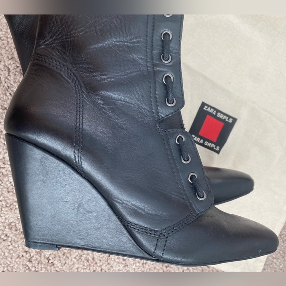 Zara SRPLS Real Leather High Wedge Black Ankle Boots Booties Zip Size 8 / 39 - Picture 8 of 16